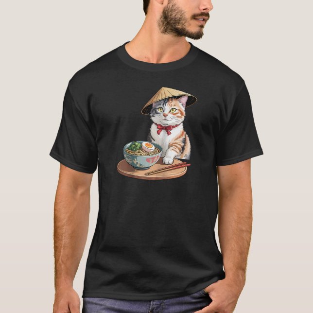 T-shirt Kawaii Chat Manger Ramen Drôle Japonais Anime Homm (Devant)