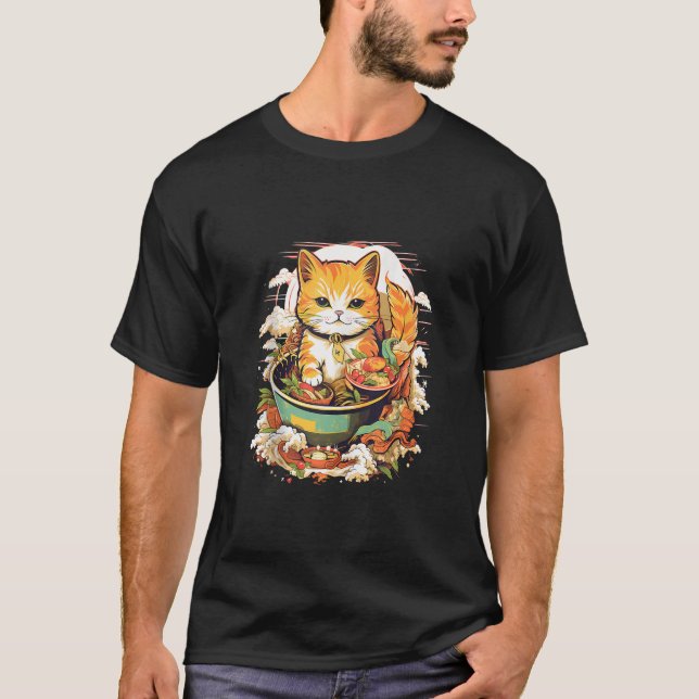T-shirt Kawaii Chat Manger Ramen Noodle J'Aime Vraiment (Devant)