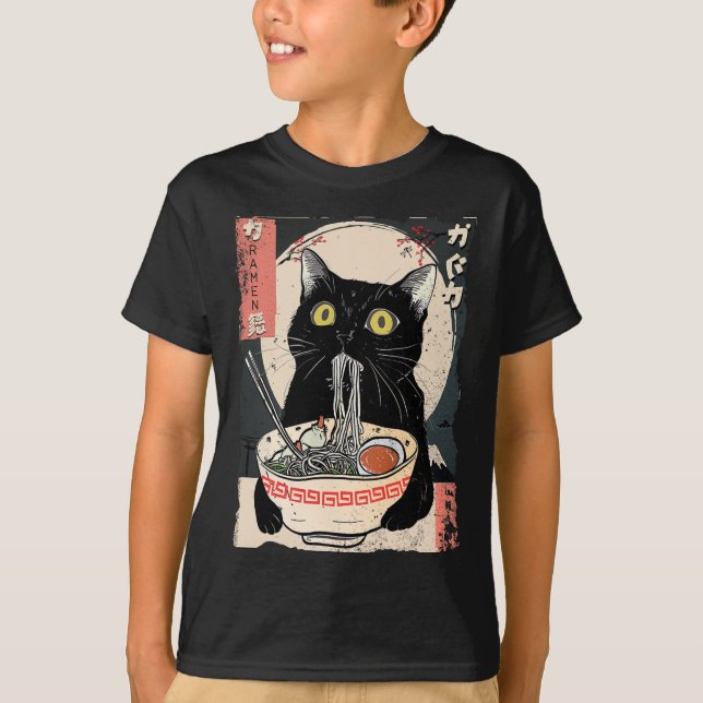 T-shirt Kawaii Chat Manger Ramen nouilles Amusant Anime Ca (Devant)