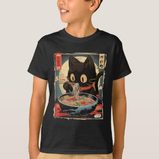 T-shirt Kawaii Chat Manger Ramen nouilles Anime Cadeaux Fi