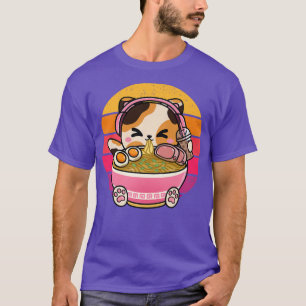 T-shirt Kawaii Chat Manger Ramen Portant Un Casque Boba Te