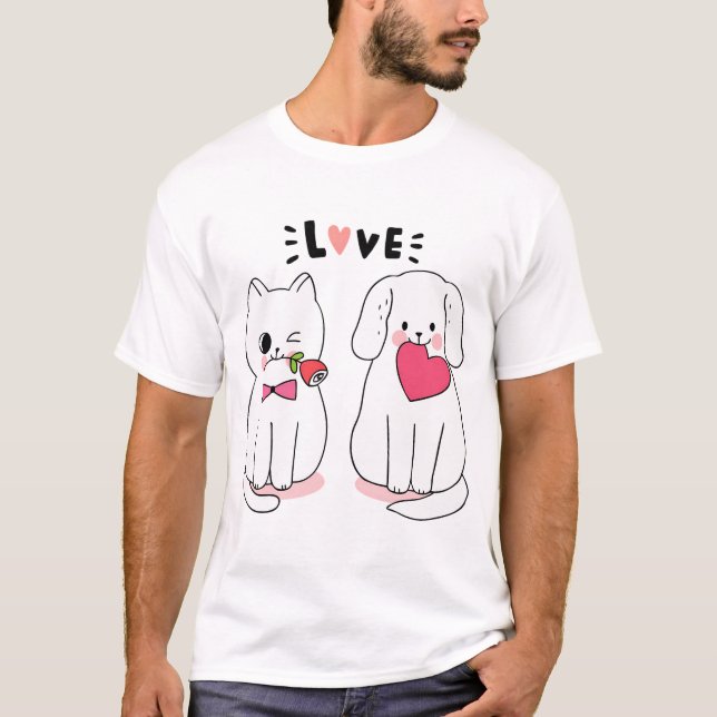T-shirt Kawaii Chats Blancs Adulte Et Grand Coeur (Devant)