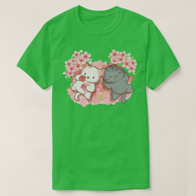 T-shirt Kawaii Chats sous les cerisiers en fleurs Sa japon (Design devant)
