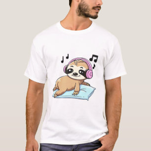 T-shirt Kawaii Chibi Paresseux Écoutant de la Musique � Dé