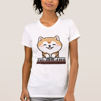 T-shirt Kawaii Chien mignon Jouer Piano Clavier