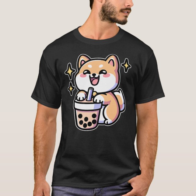 T-shirt Kawaii Corgi Dog Shiba Inu Drinking Bubble Tea Bob (Devant)