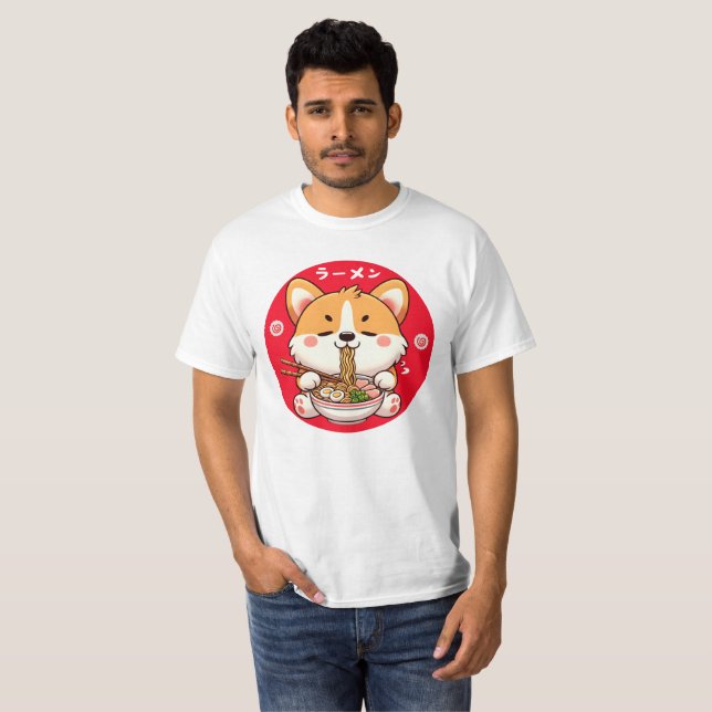 T-shirt Kawaii Corgi manger Ramen (Devant entier)