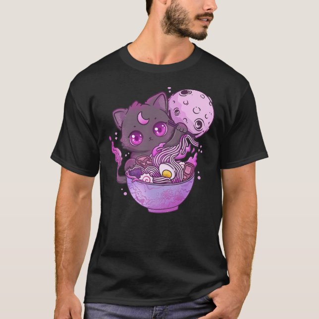 T-shirt Kawaii Creepy Cat Eating Ramen Noodles Pastel Goth (Devant)
