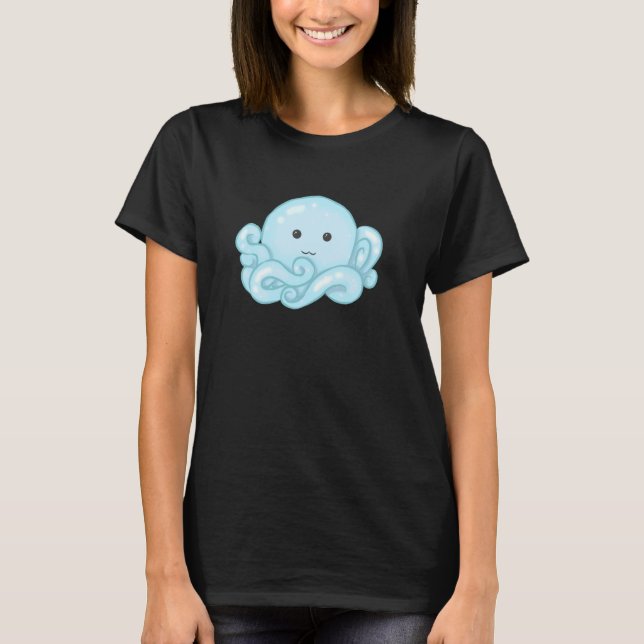T-shirt Kawaii Cute Aesthetic Happy Pastel Blue Octopus (Devant)