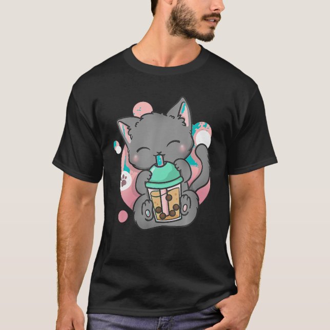 T-shirt Kawaii Cute Chat Boba Bubble Lait Thé Anime Filles (Devant)