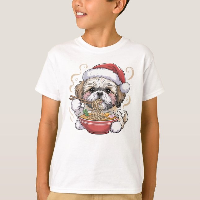 T-shirt Kawaii Cute Santa Shih Tzu Eating Ramen (Devant)