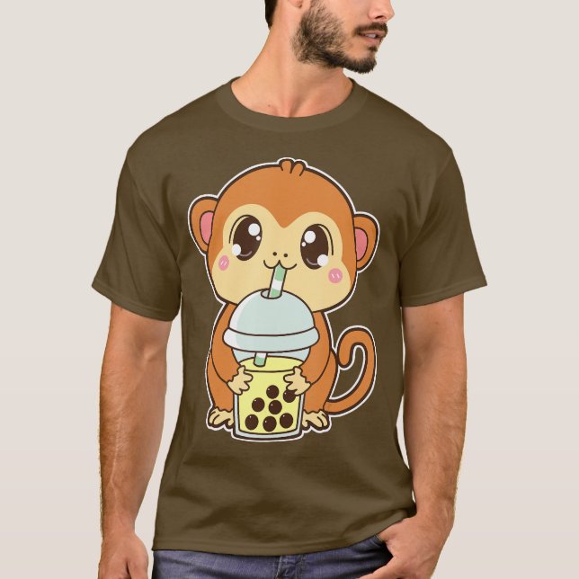 T-shirt Kawaii Cute Zodiac Boba Monkey Banana Bubble Tea (Devant)