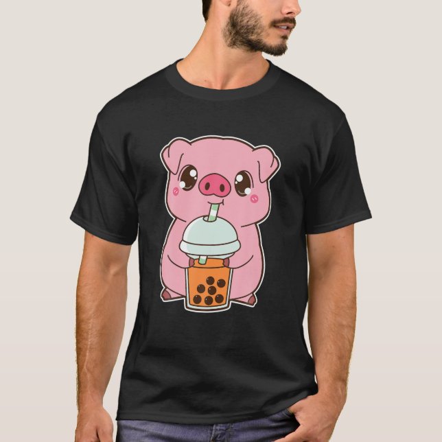 T-shirt Kawaii Cute Zodiac Boba Pig Thai Iced Bubble Pearl (Devant)