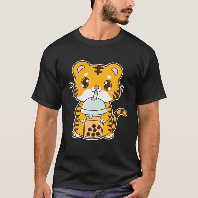 T-shirt Kawaii Cute Zodiac Boba Tiger Mango Bubble M (Devant)