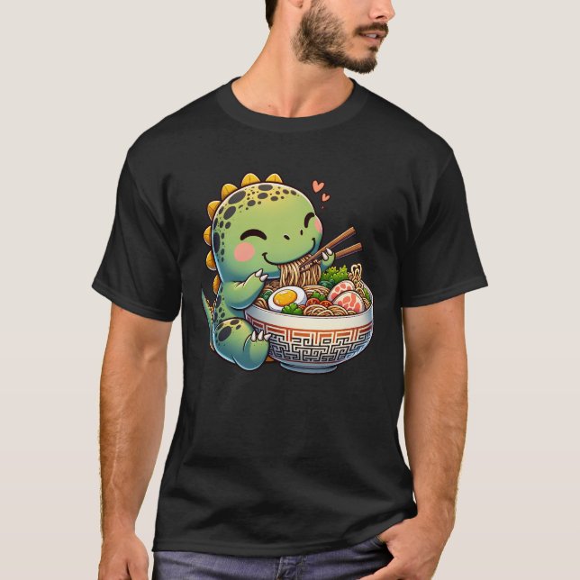 T-shirt Kawaii Dinosaur Manger Ramen Noodle Anime (Devant)