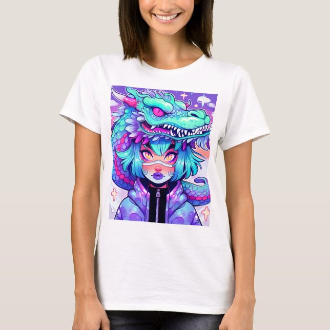 T-shirt Kawaii Dragon Headdress Girl dans le ciel Vaporwav (Devant)