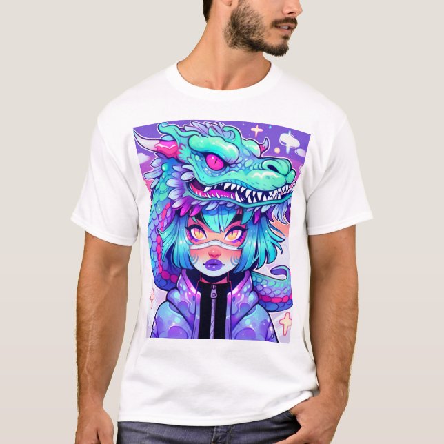 T-shirt Kawaii Dragon Headdress Girl dans le ciel Vaporwav (Devant)