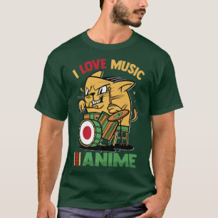 T-shirt Kawaii Drummer Cat  I Love Music And Anime  Otaku 