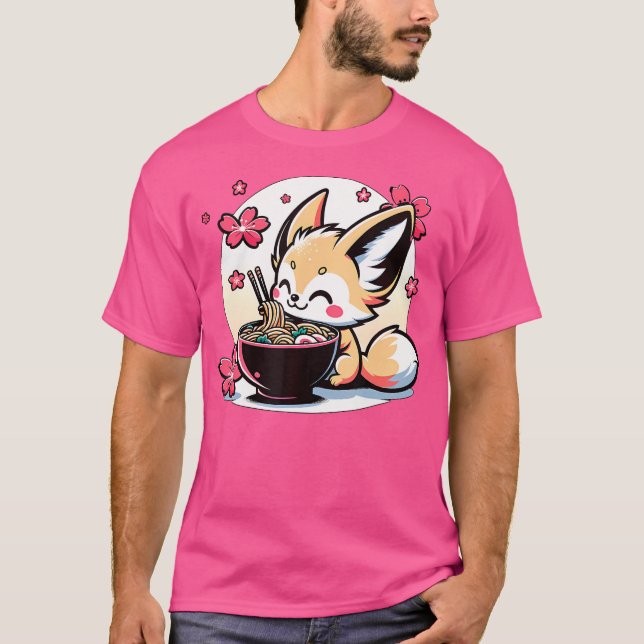 T-shirt Kawaii Fennec Fox manger Ramen (Devant)