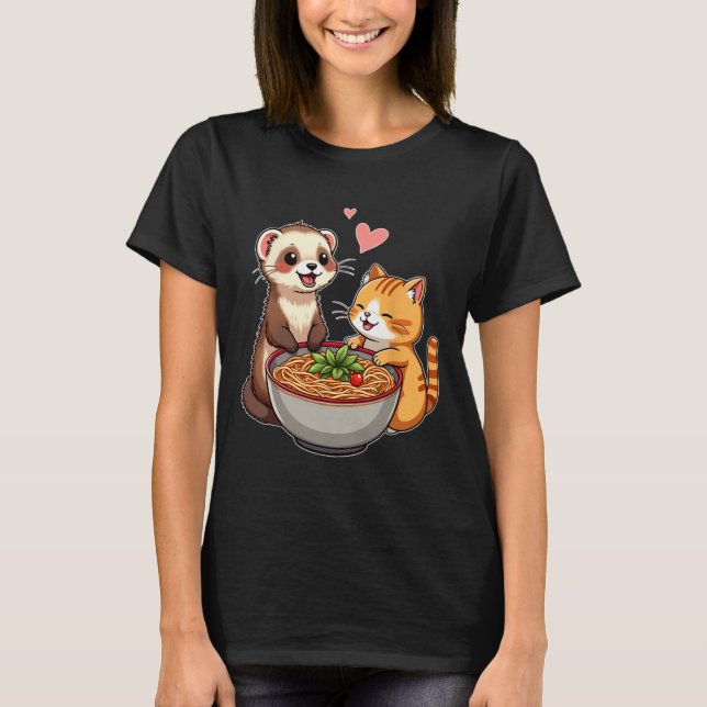 T-shirt Kawaii Ferret Et Chat Manger Ramen Cute Japonaise  (Devant)