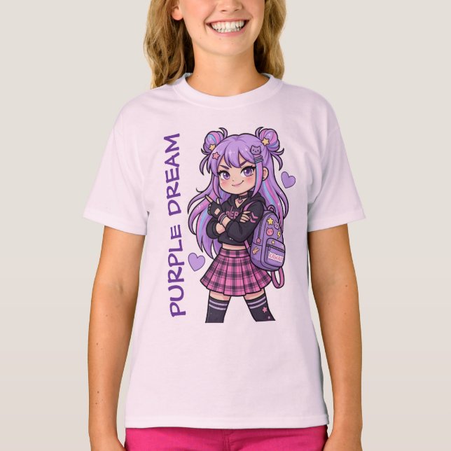 T-Shirt Kawaii Fille Anime Rêve Violet (Devant)