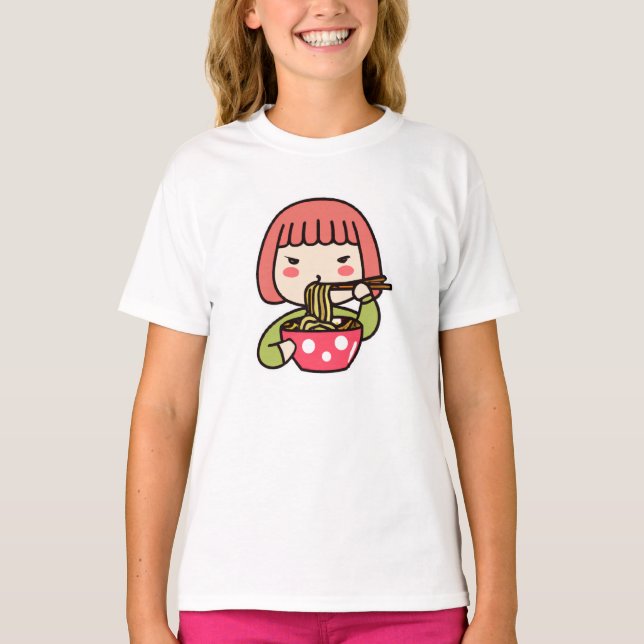 T-shirt Kawaii Fille manger Ramen (Devant)