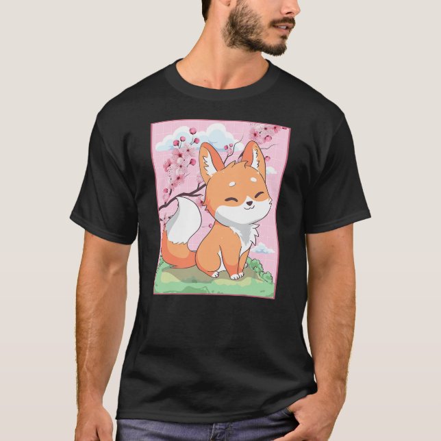 T-shirt Kawaii Fox Japanese Kitsune Sakura Cherry Blossom (Devant)