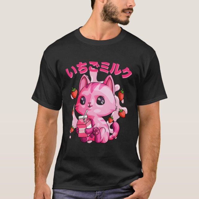 T-shirt Kawaii Fraise Lait Chat Japonais Kitty Chibi Ki (Devant)