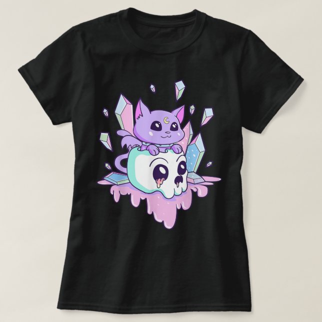 T-shirt Kawaii Gothic Cat Crystal Skull Art (Design devant)