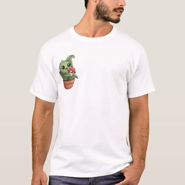 T-shirt Kawaii Green Moss Creature Hugging Little Mushroom (Devant)