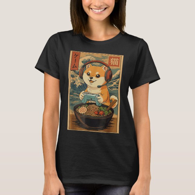 T-shirt Kawaii Japanese Ramen Dog Retro Gaming Shirts For  (Devant)