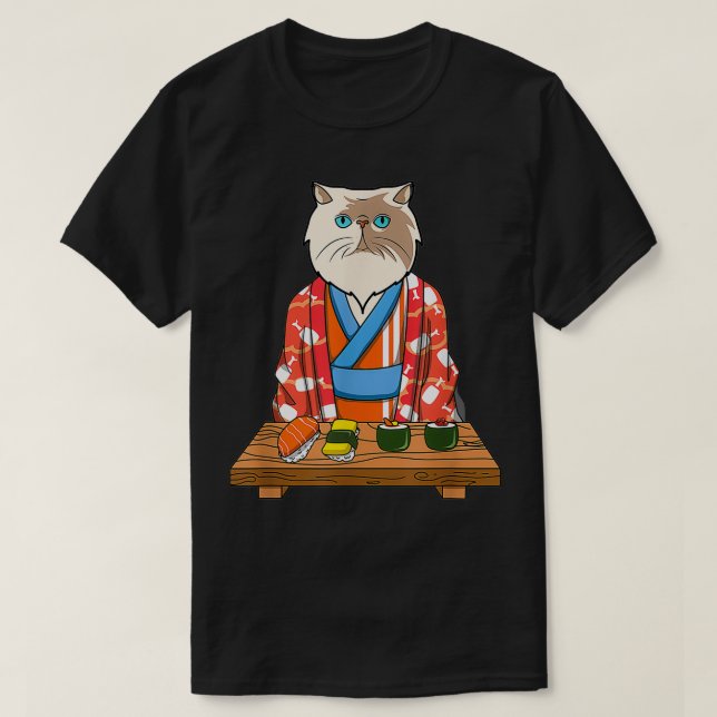 T-shirt Kawaii Japonais Chat Kimono Sushi (Design devant)