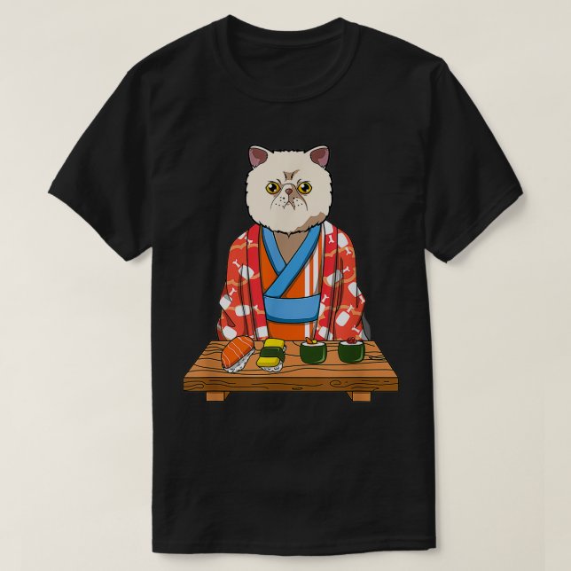 T-shirt Kawaii Japonais Éotic Shorthair Cat Kimono Sushi (Design devant)
