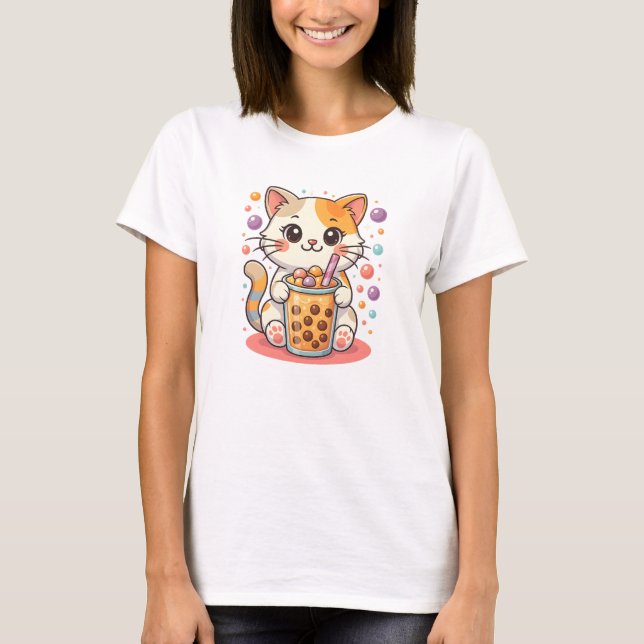 T-shirt Kawaii Kitten Bubble Tea - Cute Calico Cat Boba (Devant)