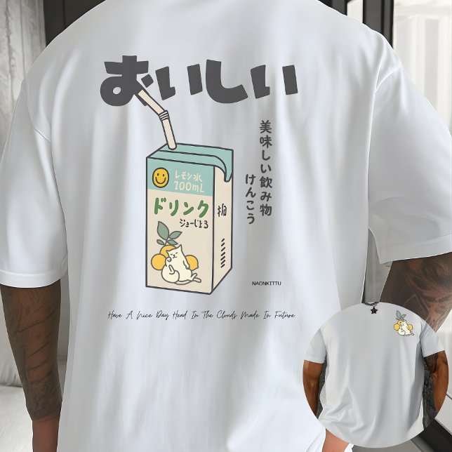 T-shirt Kawaii Lemon Juice Box Cat Japanese Aesthetic  (Créateur téléchargé)