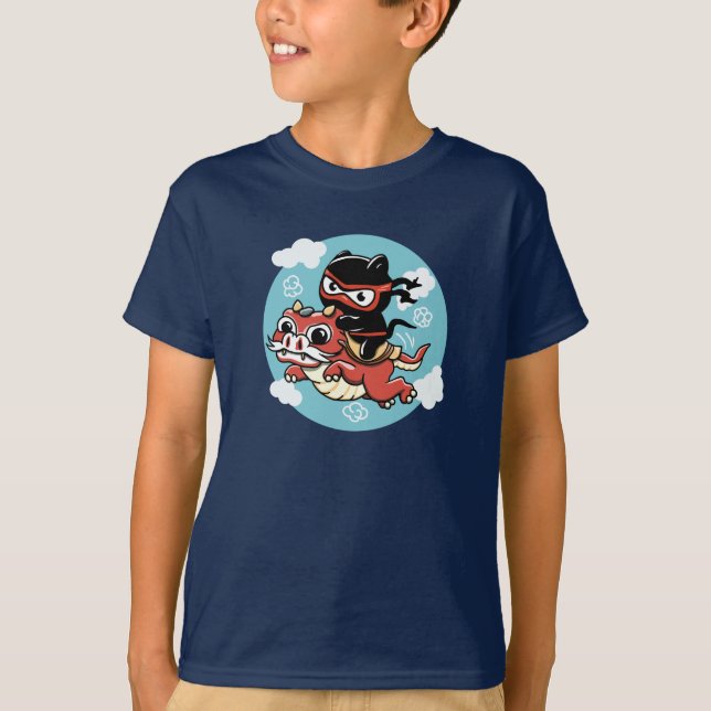 T-shirt Kawaii Ninja Chat à cheval sur un Dragon Rouge (Devant)
