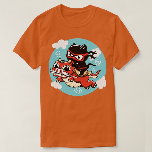 T-shirt Kawaii Ninja Chat à cheval sur un Dragon Rouge (Design devant)