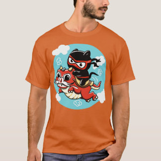 T-shirt Kawaii Ninja Chat à cheval sur un Dragon Rouge