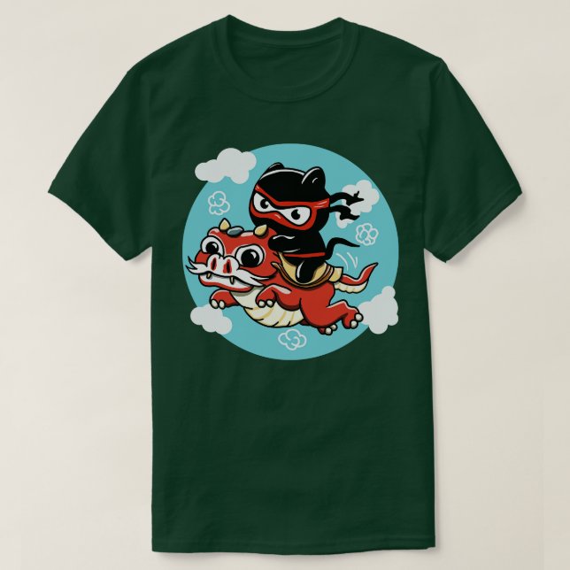 T-shirt Kawaii Ninja Chat à cheval sur un Dragon Rouge (Design devant)