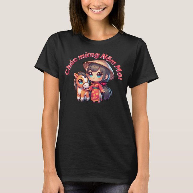 T-shirt Kawaii Nouvel An Vietnamien Fille & Cheval (Devant)