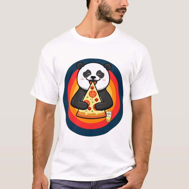 T-shirt Kawaii Panda Manger Pizza Boba Tea (Devant)