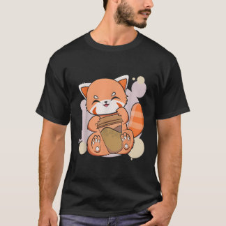 T-shirt Kawaii Panda Rouge Boire Café Coupe Ours Anime