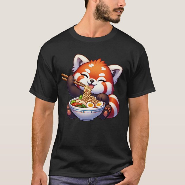 T-shirt Kawaii Panda Rouge Manger Ramen Noodle Anime (Devant)