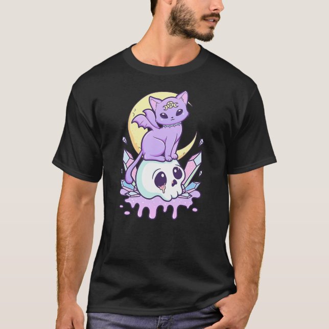 T-shirt Kawaii Pastel Goth Cute Scary Witchy Cat and Skull (Devant)