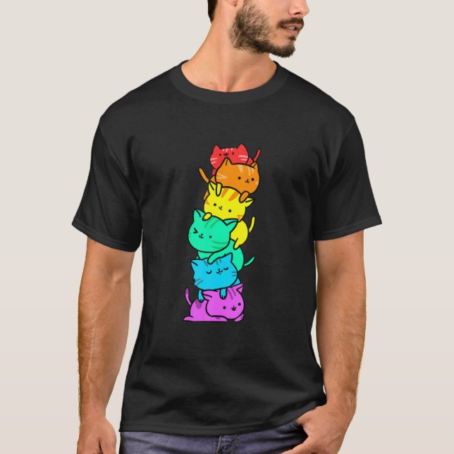 T-shirt Kawaii Rainbow Cat Rainbow Cat Pile For LGBT (Devant)