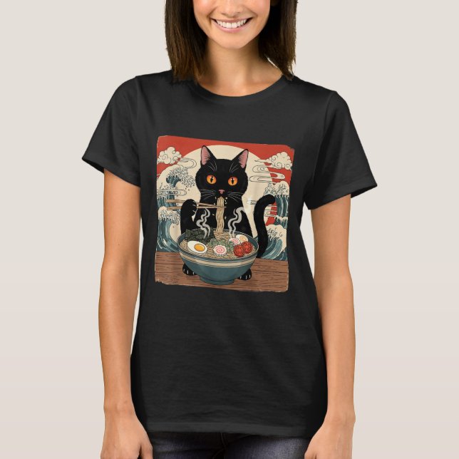 T-shirt Kawaii Ramen Cat Anime Japanese Noodles Food Wave  (Devant)