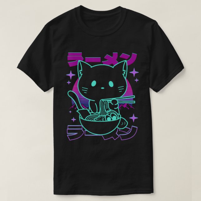 T-shirt Kawaii Ramen Cat Retro Japanese Vaporwave (Design devant)