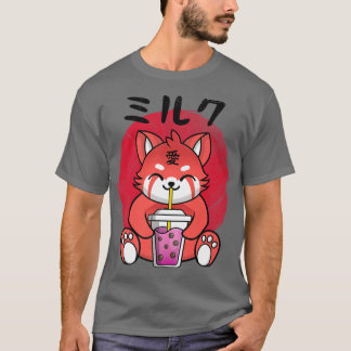 T-shirt Kawaii Red Panda Drinking Strawberry Milk Bubble T