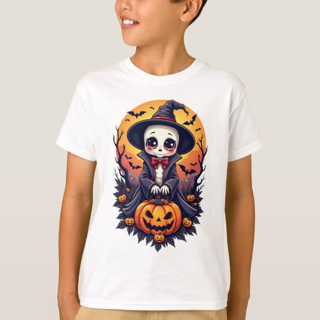 T-shirt Kawaii Skeleton Witch avec Citrouille (Devant)
