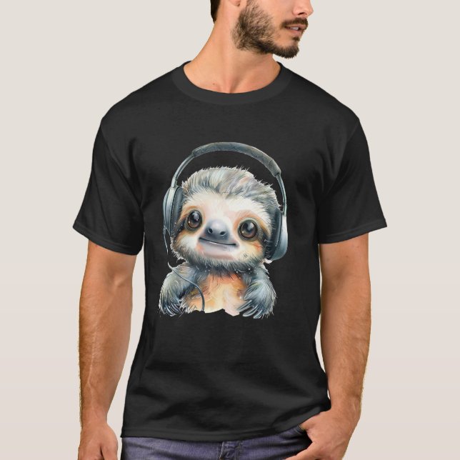 T-shirt Kawaii Sloth Headphones Animal Sketch Music Lover (Devant)